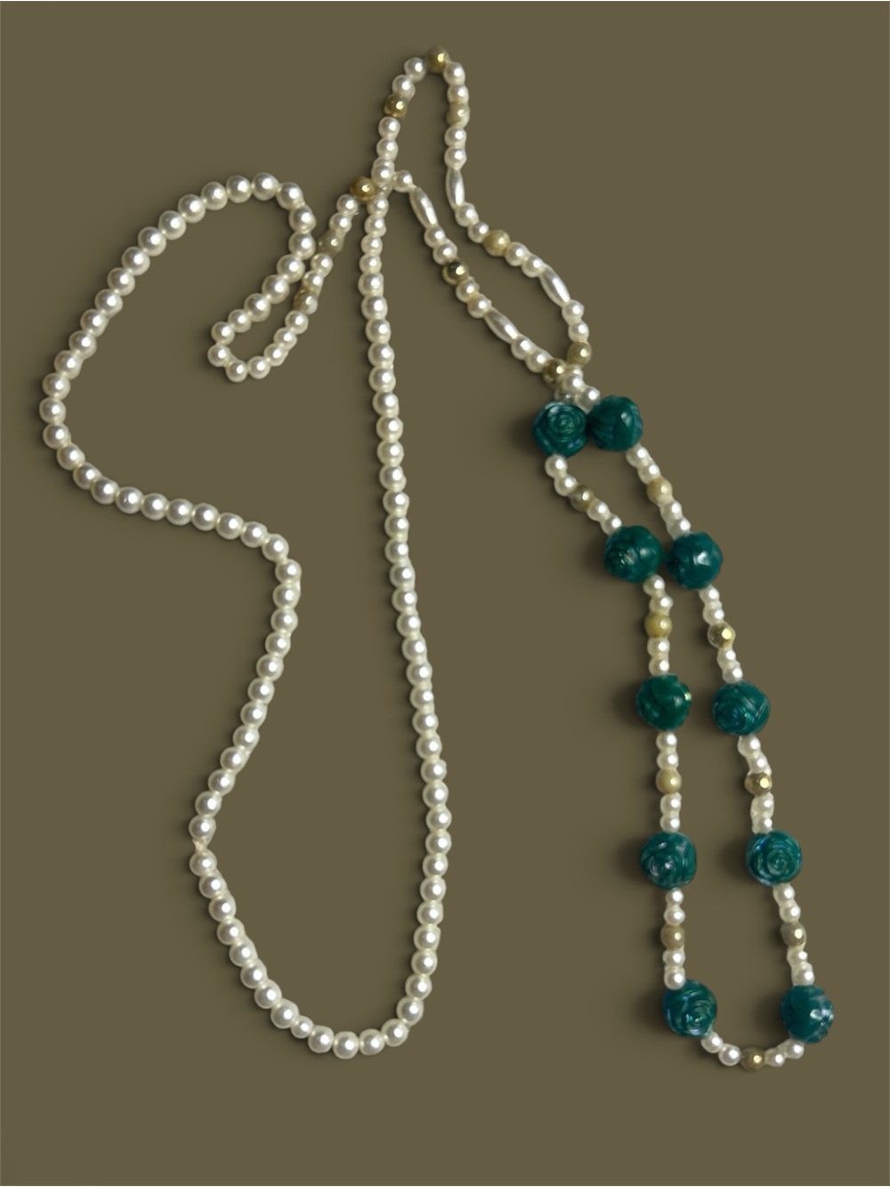 Vintage 90s Pearl Strand Long Necklace Carved Green Rose Floral Beads